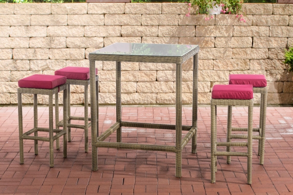 Gartenbar Tisch und 4 Hocker Bezug rubinrot Polyrattan natur
