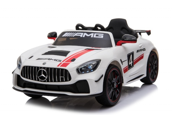 Kinderfahrzeug - Elektro Auto "Mercedes AMG GT4" - Lizenziert - 12V, 2 Motoren- 2,4Ghz Fernsteuerung, MP3, Ledersitz+EVA-Weiss ET4938